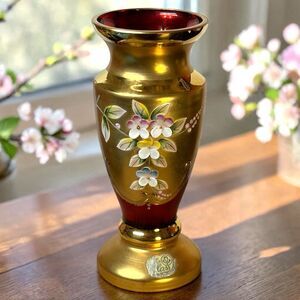 Vintage Bohemian Cranberry Glass Vase Gold Gilded Painted Enamel Flowers 5.5"